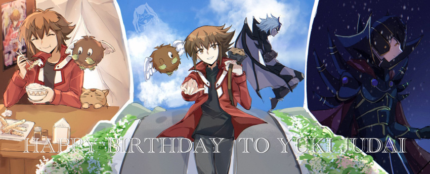 1boy akahoshi_k bangs black_shirt brown_eyes brown_hair daitokuji dark_persona duel_academy_uniform_(yu-gi-oh!_gx) english_text gotcha hair_between_eyes happy_birthday highres jacket long_sleeves male_focus multicolored_hair pharaoh_(cat) red_jacket shirt short_hair smile snowing spirit supreme_king_(yu-gi-oh!_gx) two-tone_hair wallpaper_(object) winged_kuriboh yu-gi-oh! yu-gi-oh!_gx yubel yuuki_juudai