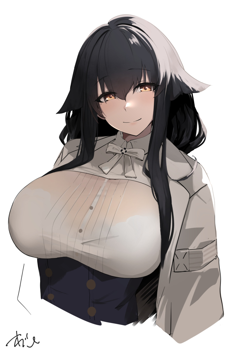 1girl azuma_(azur_lane) azur_lane black_hair bra_visible_through_clothes breasts dress flower hair_between_eyes hair_flower hair_ornament highres jacket large_breasts long_hair looking_at_viewer military military_uniform oregano_(olgn_eao) see-through see-through_dress solo uniform upper_body white_flower white_jacket yellow_eyes