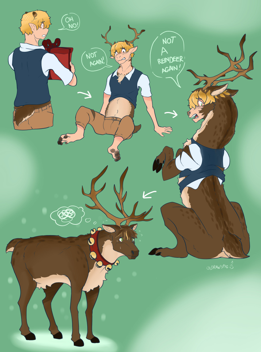 absurd_res antler_growth bell bell_collar blonde_hair brown_body brown_fur capreoline clothed clothing cloven_hooves collar deer feral fur gift growth hair hi_res hooves human human_to_feral male mammal reindeer short_tail sitting solo species_transformation standing tail_growth tinypigdraws topwear torn_clothing transformation transformation_sequence vest were weredeer william_(tinypigdraws)