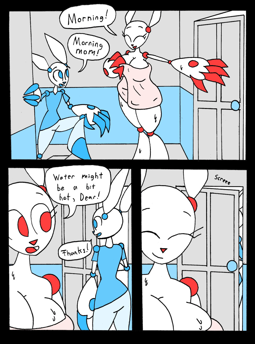 absurd_res after_shower anthro big_breasts breasts cleavage clothed clothing dialogue door duo english_text eyes_closed female hi_res hybrid lagomorph leporid machine male mammal mom_bot_(rexon02) mother mother_and_child mother_and_son open_mouth parent parent_and_child rabbit rexon02 robot son son_bot_(rexon02) speech_bubble text thick_thighs towel towel_only wet wide_hips