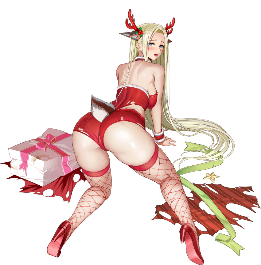 1girl animal_ears ass bare_shoulders battle blue_eyes blush box breasts christmas christmas_ornaments christmas_present deer_ears deer_tail defeat fake_animal_ears fake_antlers fake_tail fishnet_thighhighs fishnets fur-trimmed_leotard gift gift_box gift_wrapping hair_intakes hair_ornament high_heels highleg highleg_leotard highres huge_breasts injury kneeling last_origin leotard light_green_hair long_hair looking_at_viewer looking_back mechanical_parts median_furrow micro_shorts mistletoe_hair_ornament no_bra official_alternate_costume official_art pink_ribbon red_footwear red_leotard red_shorts red_thighhighs red_wrist_cuffs ribbed_leotard ribbon shorts shoulder_blades sideboob sitting skindentation solo star_ornament taesi tail tally tearing_up thighhighs torn_clothes torn_footwear torn_leotard torn_shorts torn_thighhighs transparent_background very_long_hair wraithy_(last_origin) wrist_cuffs