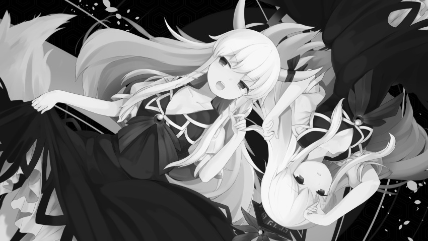 2girls bangs collared_dress dress dual_persona ex-keine highres horn_ornament horn_ribbon horns kamishirasawa_keine long_hair looking_at_viewer monochrome multiple_girls open_mouth ribbon sidelocks teeth touhou upper_teeth_only yukihiko_(sky_sleep)