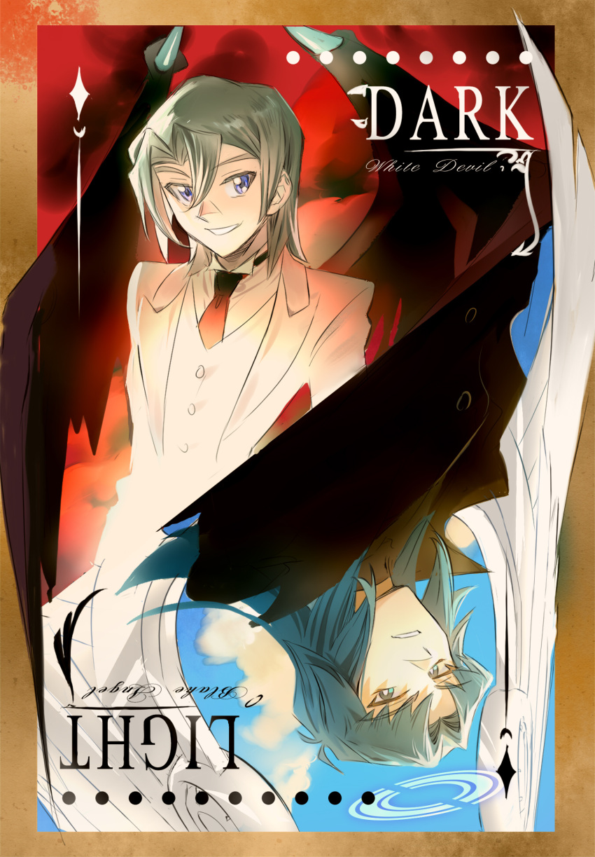 2boys aqua_hair bangs blue_eyes cropped_torso demon_wings destiny_hero_-_plasma edo_phoenix formal grey_hair hair_between_eyes highres jibao long_hair male_focus marufuji_ryou multiple_boys short_hair smile smirk suit upside-down white_suit wings yu-gi-oh! yu-gi-oh!_gx