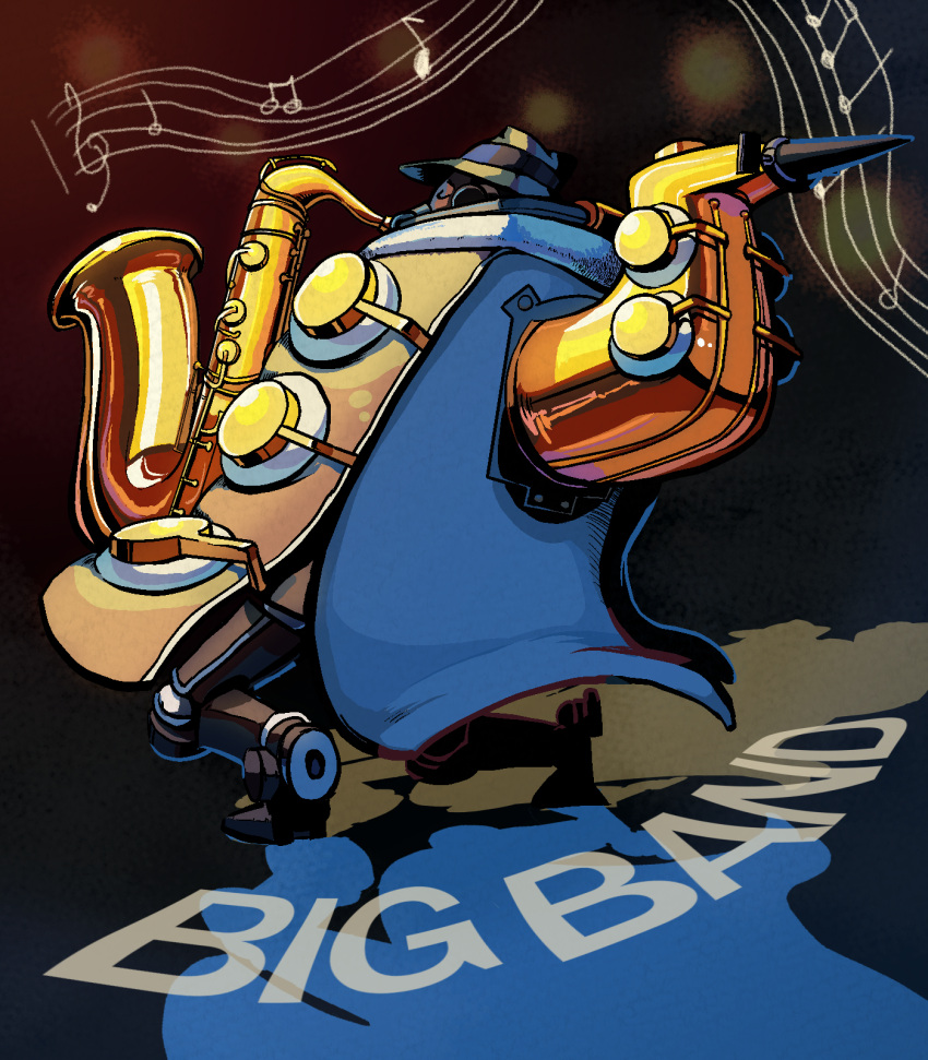1boy beamed_eighth_notes big_band closed_eyes eighth_note english_text fedora from_behind full_body fur_collar half_note hat highres instrument kuroirozuki male_focus music musical_note playing_instrument quarter_note saxophone skullgirls staff_(music) treble_clef