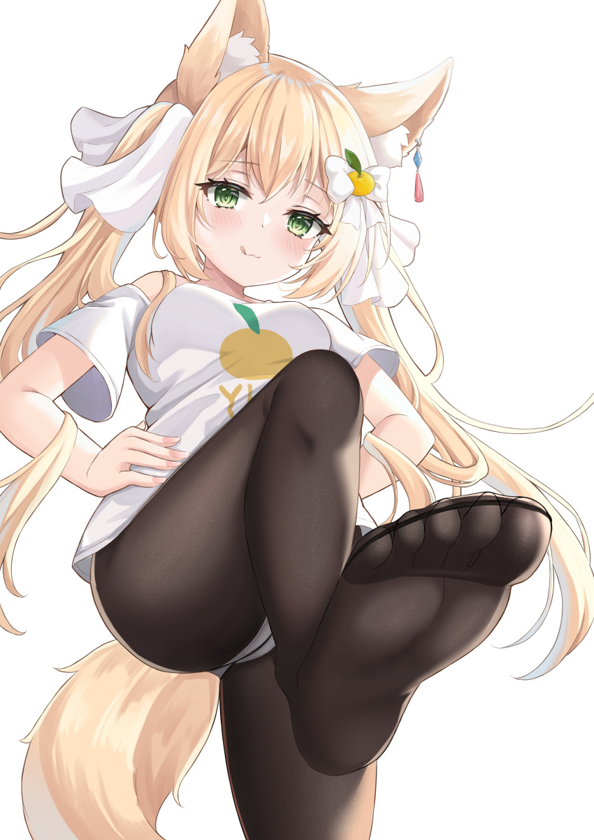 1girl absurdres animal_ear_fluff animal_ears ass blonde_hair breasts earrings fox_ears fox_girl fox_tail from_below green_eyes hands_on_hips highres jewelry kurashina_yuzuki licking_lips long_hair looking_at_viewer multicolored_hair panties panties_under_pantyhose pantyhose puzzle_&amp;_dragons simple_background smile solo standing standing_on_one_leg tail toes tongue tongue_out two-tone_hair underwear very_long_hair white_background