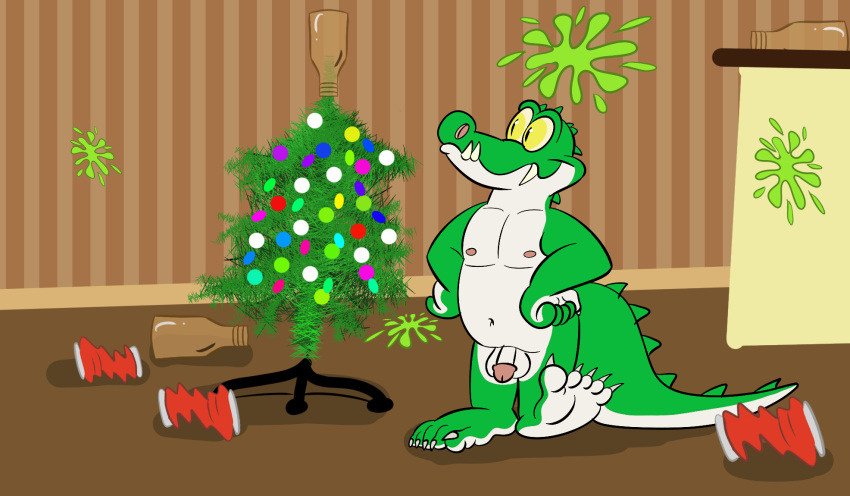 5_toes alligator alligatorid anthro beverage_can bottle christmas christmas_tree container cregon crocodile crocodilian crocodylid feet flat_colors genitals green_body hands_on_hips hi_res holidays humanoid_genitalia humanoid_penis jolly_the_lizard jollyville male multicolored_body nipples nude penis plant reptile scalie solo stains toes tree two_tone_body white_body
