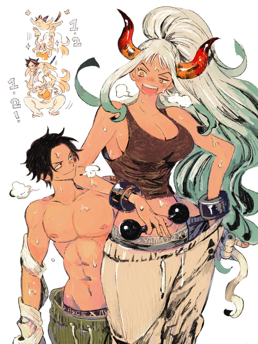 1boy 1girl aqua_hair arm_tattoo baggy_pants bandaged_arm bandaged_fingers bandages barefoot black_eyes black_hair black_horns blush boxers breasts brown_tank_top character_name chibi cleavage closed_eyes closed_mouth cowboy_shot cuffs drawstring dumbbell elbow_on_another's_shoulder exercise gradient_hair gradient_horns green_pants half-closed_eye happy heavy_breathing height_difference highres horns large_breasts lifting_person long_hair looking_at_another looking_down looking_up makenevemoiine male_underwear motion_lines multicolored_hair multicolored_horns muscular nose_blush one_piece open_mouth orange_horns pants portgas_d._ace red_horns round_teeth shackles short_hair sidelocks simple_background smile smug solid_circle_eyes sparkle spiked_hair squatting talking tall_female tank_top tattoo teeth toned toned_male tossing track_pants underwear very_long_hair white_background white_hair workout_clothes yamato_(one_piece) yellow_eyes