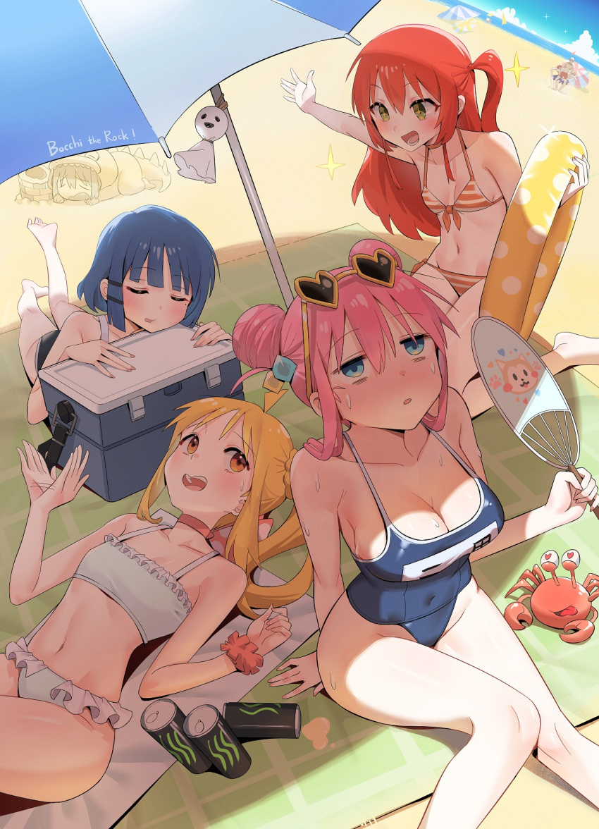 4girls arched_back bangs bare_shoulders beach_mat beach_umbrella bikini blonde_hair blue_eyes blue_hair blue_one-piece_swimsuit blunt_bangs bocchi_the_rock! brand_name_imitation breasts can chen_yang_yang choker cleavage collarbone commentary cooler copyright_name covered_navel crab cube_hair_ornament day double_bun english_commentary fanning_self frilled_bikini frills gotou_hitori groin hair_between_eyes hair_bun hair_ornament hands_up heart heart-shaped_eyewear heart-shaped_pupils highres holding holding_innertube horizon ijichi_nijika innertube kita_ikuyo kneeling knees_together_feet_apart looking_up lying monster_energy motion_lines multiple_girls name_tag navel new_school_swimsuit ocean on_back open_mouth outdoors outstretched_arm pink_hair polka_dot_innertube raised_eyebrows red_hair sand_sculpture school_swimsuit scrunchie side_ponytail sitting small_breasts smile spill striped striped_bikini sunglasses sweat swimsuit symbol-shaped_pupils thighs tongue tongue_out umbrella water wrist_scrunchie yamada_ryou yellow-framed_eyewear