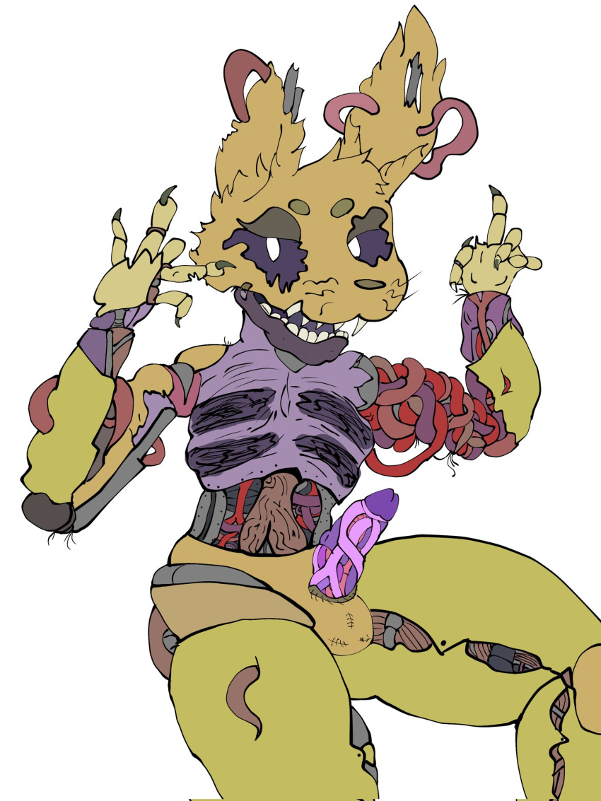 animatronic anthro balls burntrap_(fnaf) claws clothing fangs five_nights_at_freddy's five_nights_at_freddy's:_security_breach fur genitals gore hi_res humanoid internal lagomorph leporid machine male mammal nude organs penis pink_penis purple_body purple_penis purple_sclera rabbit ralseibutbigger robot scottgames solo stomach teeth thick_thighs unusual_anatomy unusual_genitalia unusual_penis video_games white_eyes wire yellow_body yellow_fur