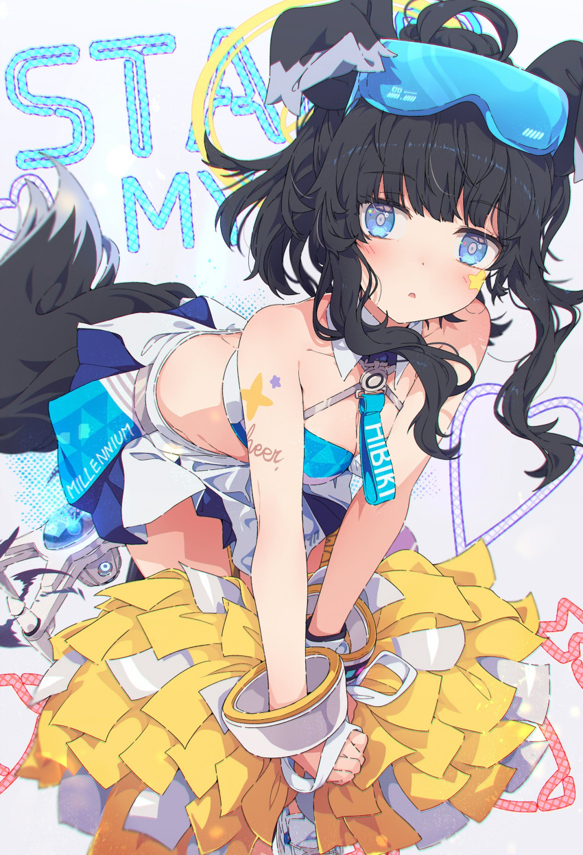 1girl absurdres animal_ears bangs bare_arms bare_shoulders blue_archive blush breasts cheerleader collarbone crop_top dog_ears dog_girl dog_tail eyewear_on_head goggles goggles_on_head halo hibiki_(blue_archive) hibiki_(cheerleader)_(blue_archive) highres holding holding_pom_poms long_hair looking_at_viewer medium_breasts midriff miniskirt navel official_alternate_costume ogipote open_mouth pom_pom_(cheerleading) simple_background skirt solo sticker_on_arm sticker_on_face tail