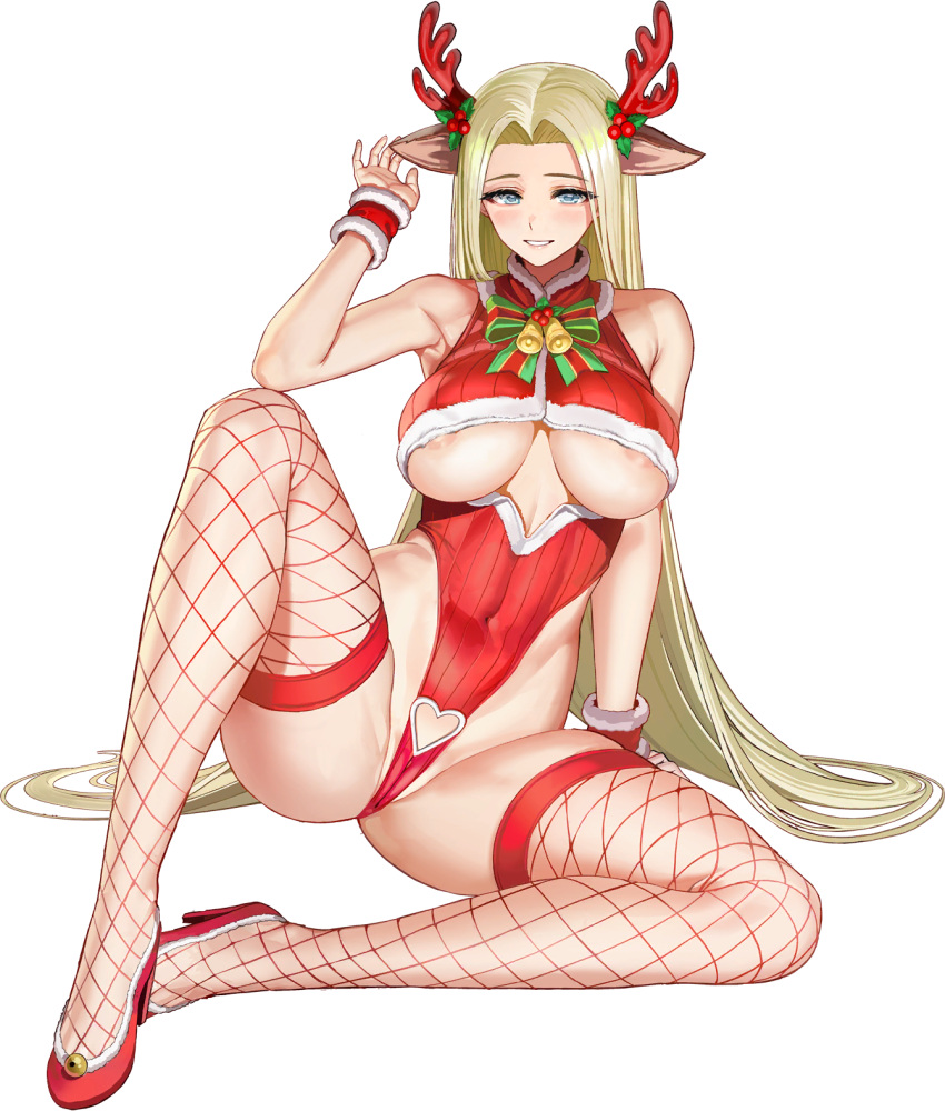 1girl animal_ears areola_slip armpits bare_shoulders bell blue_eyes blush breasts christmas clothing_cutout covered_navel covered_nipples crotch_cutout crotch_seam deer_ears fake_animal_ears fake_antlers fishnet_thighhighs fishnets fur-trimmed_footwear fur-trimmed_leotard green_ribbon grin groin groin_tendon hair_intakes hair_ornament heart heart_cutout high_heels highleg highleg_leotard highres huge_breasts jingle_bell last_origin leotard light_green_hair linea_alba long_hair looking_at_viewer mistletoe_hair_ornament neck_ribbon no_bra official_alternate_costume official_art parted_lips partially_visible_vulva red_footwear red_leotard red_ribbon red_thighhighs red_wrist_cuffs ribbed_leotard ribbon sitting skindentation smile solo striped striped_ribbon taesi thighhighs transparent_background underboob underboob_cutout very_long_hair wraithy_(last_origin) wrist_cuffs yokozuwari