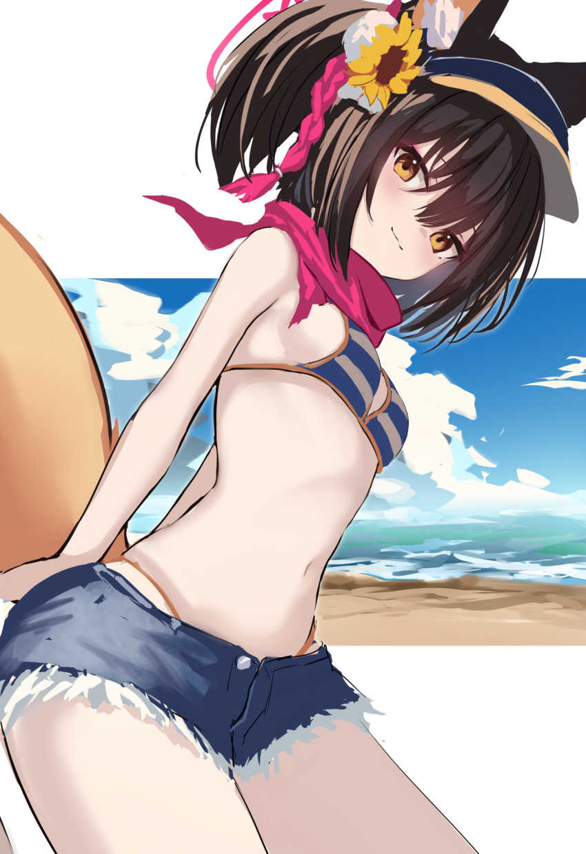 1girl animal_ear_fluff animal_ears arms_behind_back bangs bikini blue_archive breasts brown_eyes brown_hair closed_mouth cowboy_shot flower fox_ears fox_tail from_side hair_between_eyes hair_flower hair_ornament highres izuna_(blue_archive) izuna_(swimsuit)_(blue_archive) looking_at_viewer medium_hair micro_shorts official_alternate_costume outside_border pink_scarf scarf shorts small_breasts solo stomach striped striped_bikini swimsuit tail takashima_shoa visor_cap yellow_flower