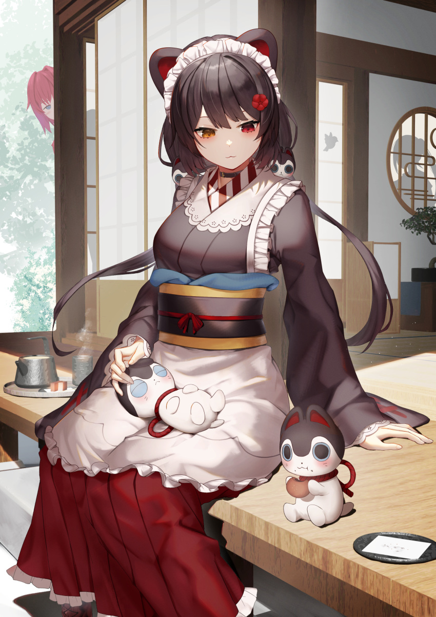 2girls absurdres ange_katrina animal_ears animal_on_lap apron bangs brown_eyes brown_hair closed_mouth dog_ears dog_hair_ornament feet_out_of_frame hair_ornament highres inui_toko japanese_clothes kimono long_hair long_sleeves looking_at_animal maid_headdress multiple_girls nijisanji obi on_lap peeking_out petting red_eyes red_skirt sash shioneko_(0202) sitting skirt solo_focus twintails veranda very_long_hair virtual_youtuber white_apron wooden_floor