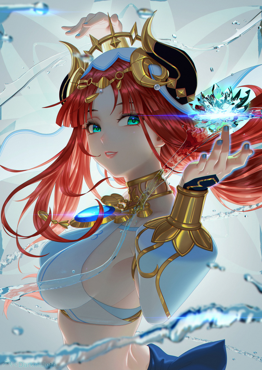 1girl absurdres aqua_eyes arm_up artist_name bangs blue_nails bracer breasts brooch circlet crop_top dancer darkmuleth floating_hair flower from_side genshin_impact glowing gold_trim grey_background hand_up harem_outfit highres horns hydrokinesis jewelry lips long_sleeves looking_at_viewer looking_to_the_side low_twintails medium_breasts nail_polish neck_ring nilou_(genshin_impact) parted_bangs parted_lips puffy_long_sleeves puffy_sleeves red_hair simple_background smile twintails upper_body veil water
