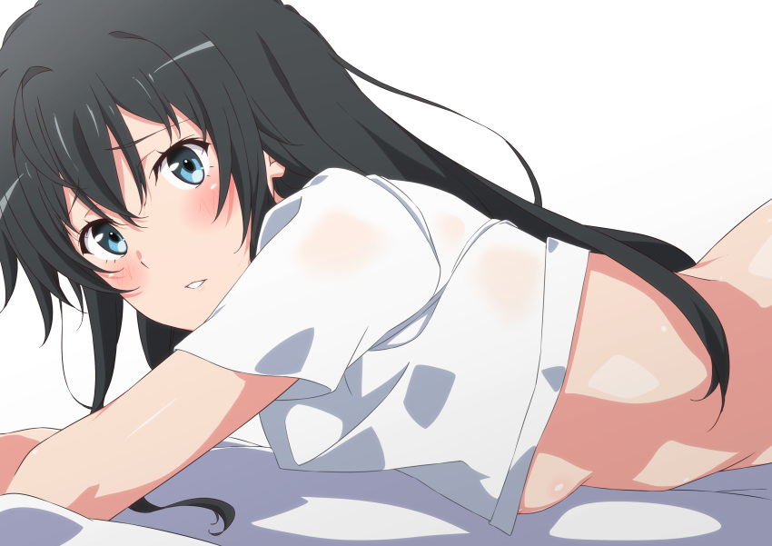 1girl absurdres bangs black_hair blue_eyes blush breasts commentary_request highres long_hair looking_at_viewer lying on_stomach shirt short_sleeves shou937 sidelocks simple_background small_breasts solo white_background white_shirt yahari_ore_no_seishun_lovecome_wa_machigatteiru. yukinoshita_yukino