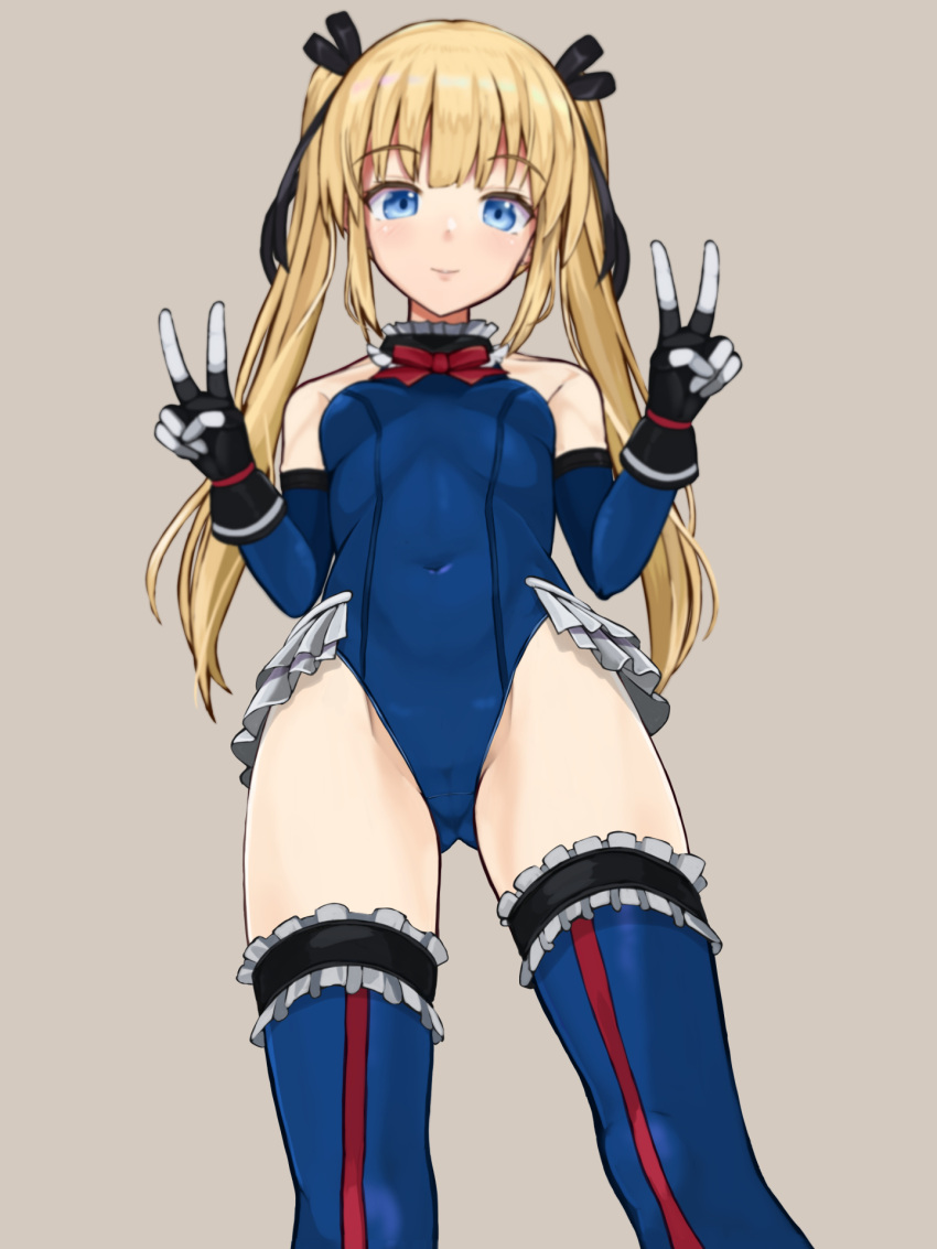 1girl bangs black_gloves black_ribbon black_sleeves blonde_hair blue_eyes blue_leotard blue_thighhighs breasts covered_navel cowboy_shot dead_or_alive dead_or_alive_5 detached_sleeves fingerless_gloves frilled_leotard frilled_sleeves frilled_thighhighs frills gloves grey_background hair_ornament hair_ribbon highres leotard long_hair marie_rose panda_sasasa ribbon simple_background small_breasts solo thighhighs twintails v wide_sleeves x_hair_ornament