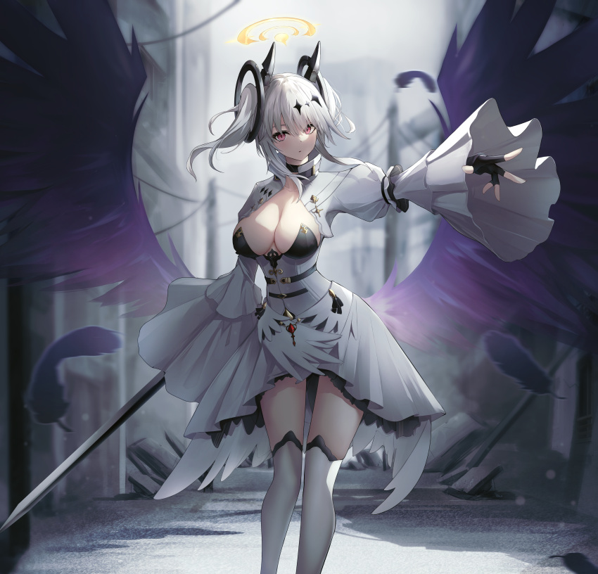 1girl :o absurdres azur_lane black_choker black_feathers black_wings breasts breasts_apart center_opening choker city crown dress feathers fingerless_gloves fleur_de_lis framed_breasts gloves highres joffre_(azur_lane) kurohikage looking_at_viewer outdoors rudder_footwear solo sword thighhighs weapon white_dress white_garter_straps white_thighhighs wings