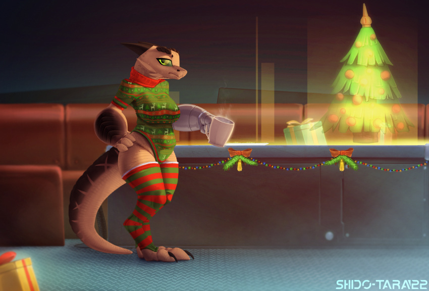 6-9 alien anthro christmas clothed clothing container cup cybernetics cyborg decoration female hi_res holidays hologram lizard machine new_year reptile scalie shido-tara solo