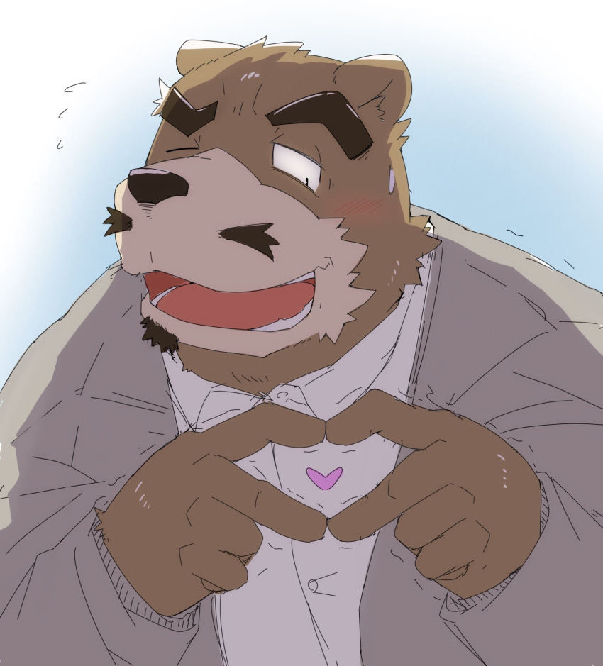 &lt;3 2022 anthro bear blush brown_body canid canine canis clothing domestic_dog emufu hi_res humanoid_hands kemono male mammal one_eye_closed portrait shirt solo topwear wink