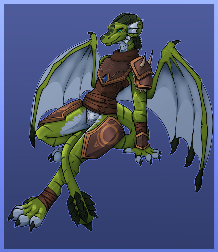 absurd_res anthro armor bastiel blizzard_entertainment bottomless clothed clothing dracthyr dragon female hi_res reclining scalie shy solo solo_focus video_games warcraft western_dragon