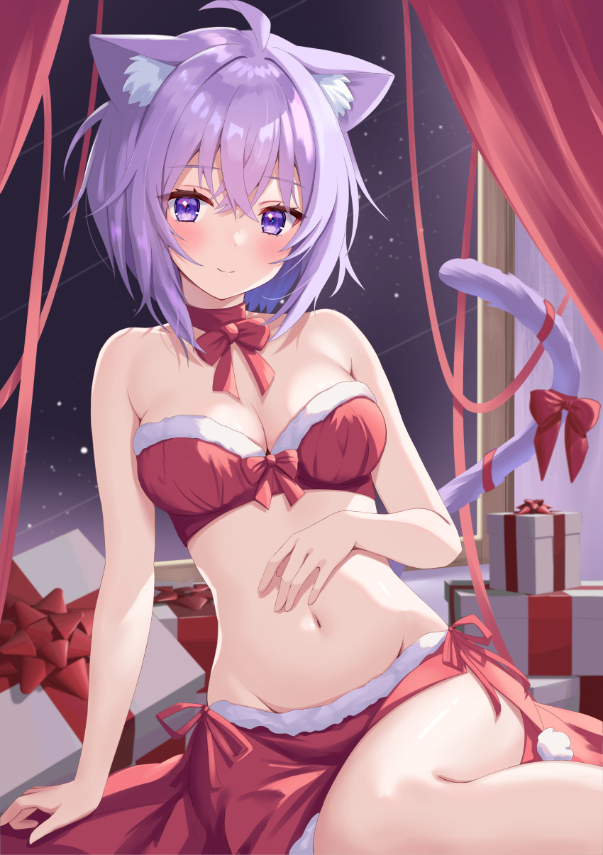 1girl absurdres ahoge animal_ear_fluff animal_ears arm_support bangs bare_arms bare_shoulders bikini blush bow bowtie box breasts cat_ears cat_girl cat_tail choker christmas_present cleavage closed_mouth commentary_request crossed_bangs curtains fur-trimmed_skirt fur_trim gift gift_box groin hand_on_own_stomach highres hololive leaning_to_the_side looking_at_viewer medium_breasts navel nekomata_okayu night night_sky purple_eyes purple_tail red_bow red_bowtie red_choker red_ribbon red_skirt ribbon santa_bikini santa_costume short_hair side-tie_skirt sidelocks sitting skirt sky smile solo star_(sky) starry_sky stomach swimsuit tail tail_bow tail_ornament tail_ribbon thighs thorny virtual_youtuber window