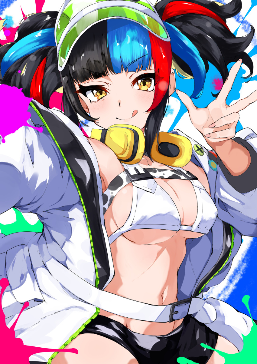 1girl absurdres breasts fate/grand_order fate_(series) headphones headphones_around_neck highres isocha jacket large_breasts multicolored_hair navel sei_shounagon_(fate) sei_shounagon_(swimsuit_berserker)_(fate) short_shorts shorts splatter_background tongue tongue_out twintails v visor_cap white_jacket yellow_eyes