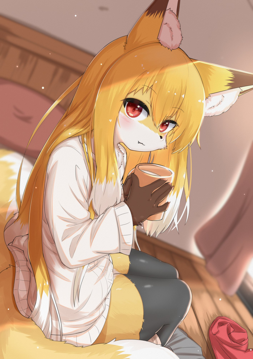 2022 2_tails 5_fingers anthro bed blonde_hair blush brown_body brown_fur canid canine claws clothed clothing container countershading cup cute_fangs digital_media_(artwork) dipstick_ears dipstick_tail female female_anthro finger_claws fingers fluffy fox fur furniture gloves_(marking) hair hi_res holding_container holding_cup holding_object horokusa0519 inner_ear_fluff kemono legwear long_hair looking_at_viewer mammal markings multi_tail multicolored_body multicolored_ears multicolored_fur multicolored_hair multicolored_tail on_bed red_eyes sitting solo tail_markings thigh_highs tuft twin_tail_nojaloli_fox twintails_(hairstyle) white_body white_fur white_hair yellow_body yellow_fur