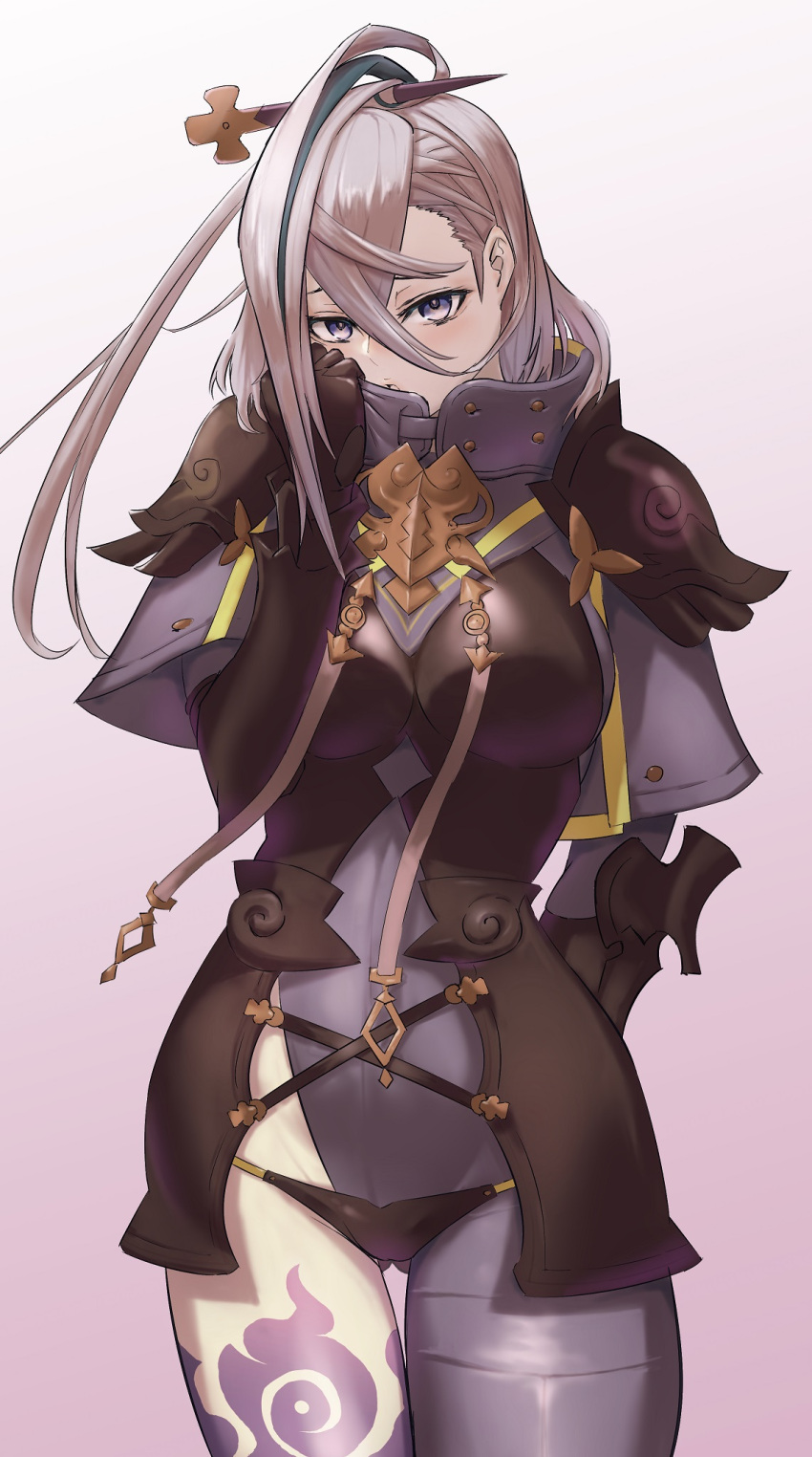 1girl armor armored_boots asymmetrical_clothes bangs blush bodysuit boots breastplate breasts covered_navel fate/grand_order fate_(series) gauntlets green_hair grey_bodysuit grey_eyes hair_between_eyes hair_ornament hairpin high_collar highleg highres huyan_zhuo_(fate) huyan_zhuo_(second_ascension)_(fate) kugiseiichi large_breasts long_hair looking_at_viewer multicolored_hair pauldrons shoulder_armor single_pantsleg solo streaked_hair thighs very_long_hair white_hair