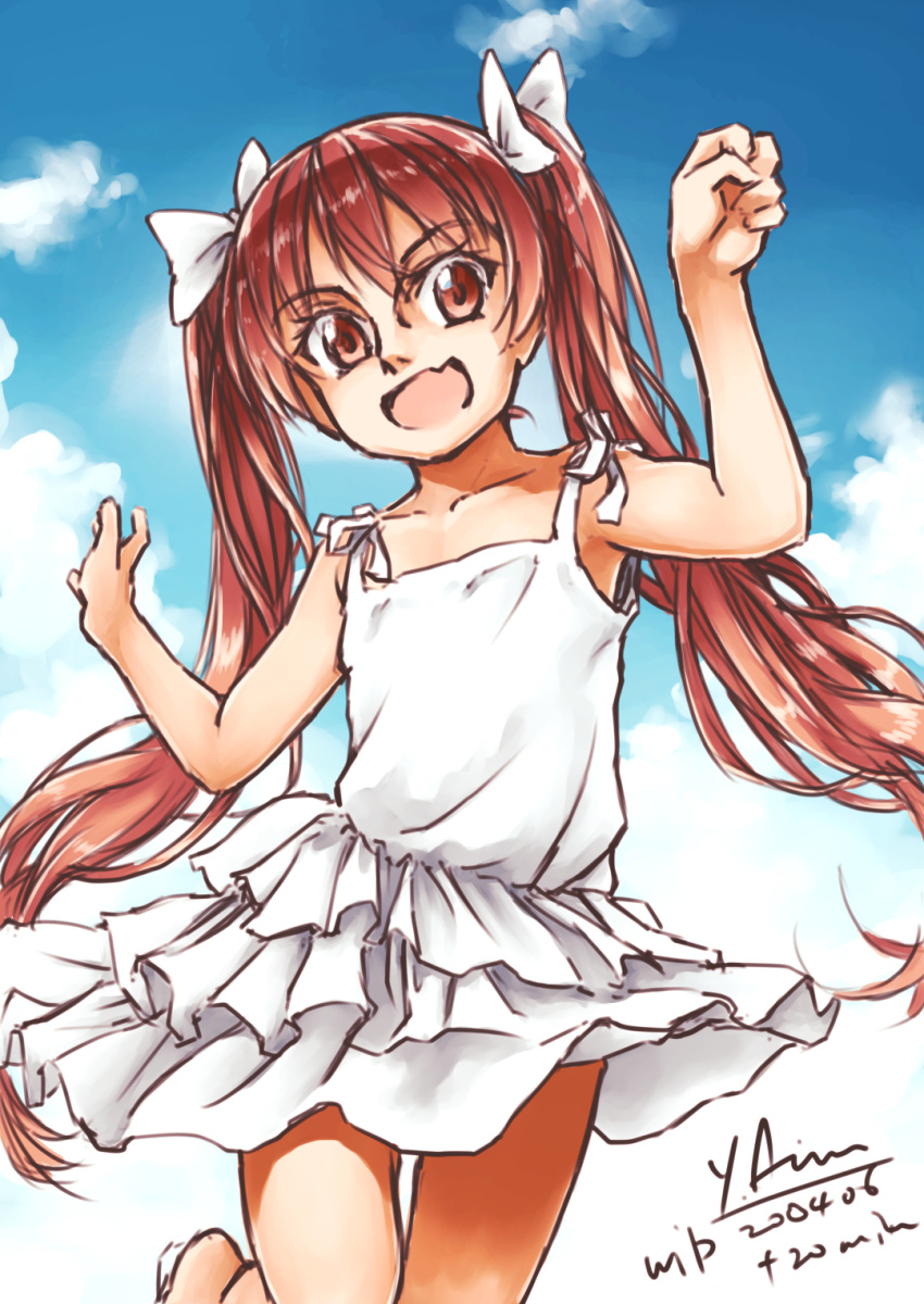 1girl arimura_yuu blue_sky brown_eyes brown_hair cloud commentary_request cowboy_shot dark_skin dress fang hat highres kantai_collection libeccio_(kancolle) long_hair skin_fang sky smile solo spaghetti_strap sundress tan twintails white_dress