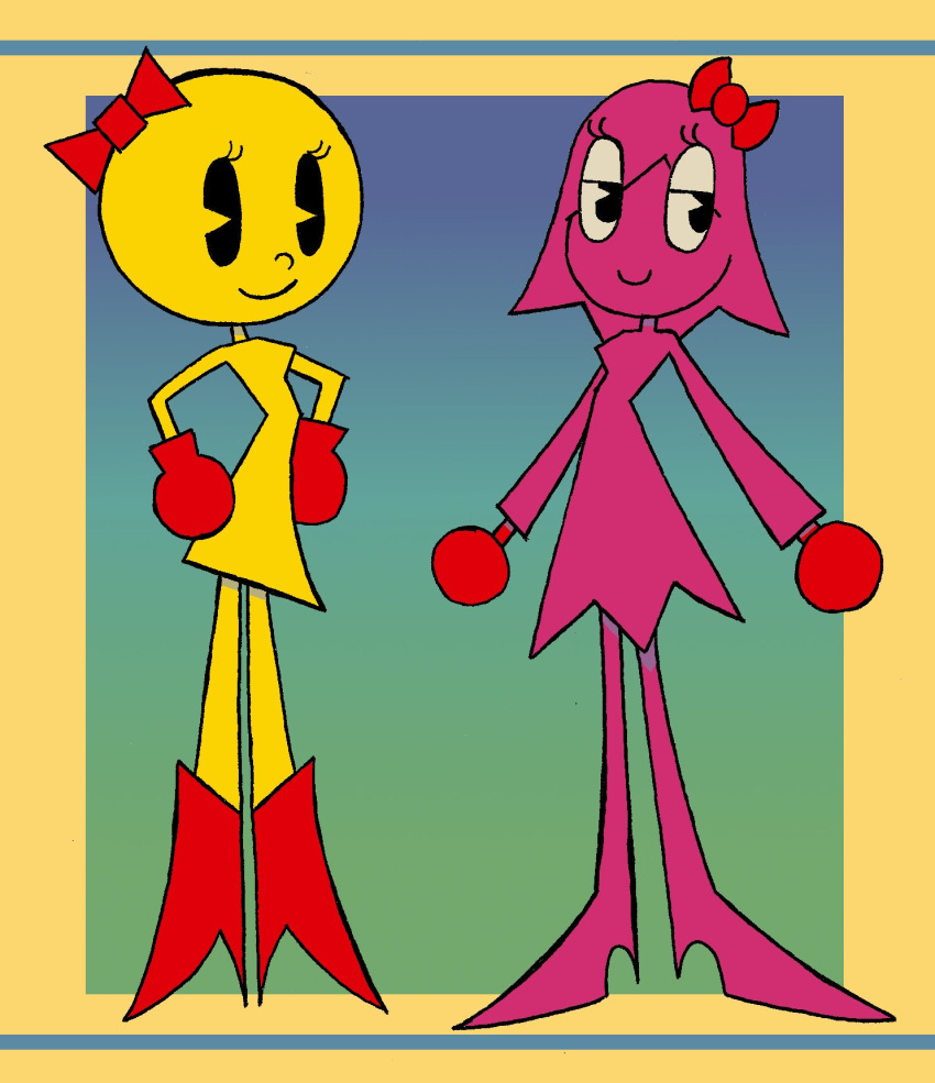 bow_ribbon clothed clothing duo female ghost hair half-closed_eyes hi_res humanoid ms._pac-man narrowed_eyes pac-man_(series) pink_body pinky_(pac-man) rexon02 simple_background slim spirit toony video_games yellow_body