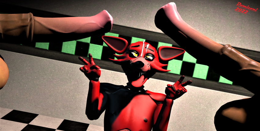 3d_(artwork) ahegao animal_genitalia animal_penis animatronic anthro balls big_balls bodily_fluids canid canine cross-eyed cum cum_on_face digital_media_(artwork) domizoni equid equine equine_penis erection five_nights_at_freddy's fox foxy_(fnaf) genital_fluids genitals gesture girly group hi_res looking_pleasured machine male male/male mammal nipples open_mouth penis robot scottgames source_filmmaker trio v_sign video_games