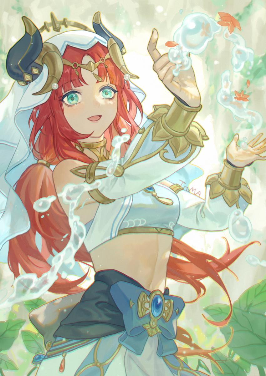 1girl :d anmaki aqua_eyes bangs bare_shoulders blue_bow blue_gemstone blue_skirt blurry blurry_background bow bracer breasts brooch circlet commentary cowboy_shot crop_top detached_sleeves english_commentary fake_horns floating_hair flower gem genshin_impact gold_trim hands_up highres horns hydrokinesis index_finger_raised jewelry leaf linea_alba long_hair long_sleeves looking_at_viewer low_twintails medium_breasts neck_ring nilou_(genshin_impact) open_mouth outstretched_hand parted_bangs puffy_long_sleeves puffy_sleeves red_hair skirt smile solo twintails veil water white_headwear white_sleeves