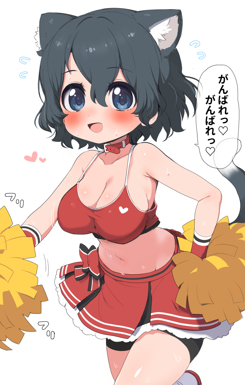 1girl absurdres alternate_costume animal_ear_fluff animal_ears bare_shoulders bike_shorts_under_skirt black_hair blue_eyes blush bow bow_skirt breasts cat_ears cat_tail cheerleader collar commentary_request crop_top flying_sweatdrops heart highres kaban_(kemono_friends) kemono_friends large_breasts looking_at_viewer midriff navel open_mouth pleated_skirt pom_pom_(cheerleading) ransusan red_bow red_collar red_ribbon red_shirt red_skirt ribbon shirt short_hair skirt sleeveless smile solo sweat tail translation_request