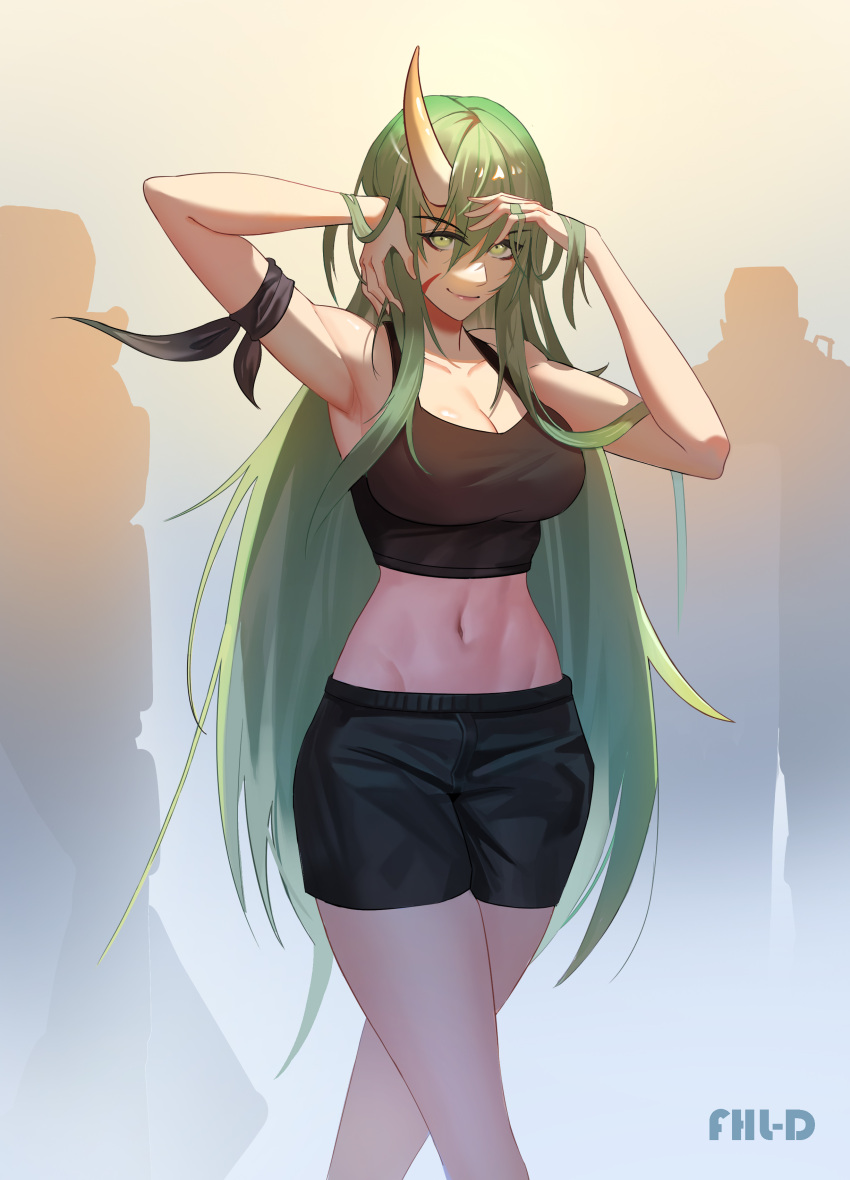 1girl absurdres arknights armpits arms_up bangs bare_arms bare_shoulders black_shirt black_shorts blue_background breasts cleavage commentary cowboy_shot crop_top gradient gradient_background green_hair hair_between_eyes highres horns hoshiguma_(arknights) large_breasts lingdu_han long_hair looking_at_viewer midriff navel scar scar_on_cheek scar_on_face shirt shorts single_horn sleeveless sleeveless_shirt smile standing stomach thighs very_long_hair yellow_background