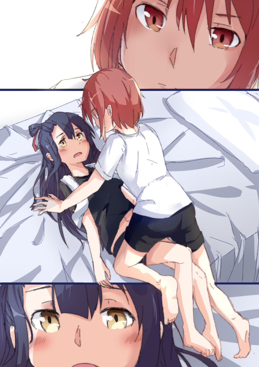 2girls absurdres bangs barefoot black_hair black_shirt black_shorts blush brown_eyes brown_hair closed_mouth eye_contact hair_between_eyes highres koori_chikage long_hair looking_at_another lying multiple_girls navel on_back on_bed open_mouth pillow shirt short_shorts short_sleeves shorts soles towel towel_around_neck very_long_hair white_shirt xuu_shi_times yuri yuuki_yuuna yuuki_yuuna_wa_yuusha_de_aru yuusha_de_aru