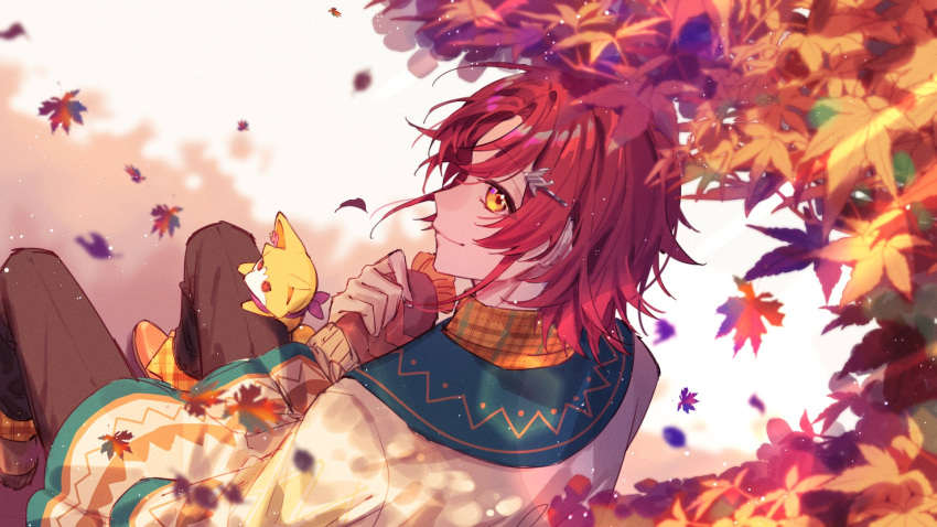 1boy autumn_leaves bangs beanie bird_hair_ornament brown_footwear brown_pants collared_shirt dappled_sunlight falling_leaves foot_out_of_frame from_behind hair_ornament hairclip hanasaki_miyabi hat hat_removed headwear_removed highres holding holding_clothes holding_hat holostars leaf looking_at_viewer looking_back male_focus official_alternate_costume orange_shirt pants parted_bangs plaid plaid_shirt poncho profile red_hair shirt short_hair solo stuffed_fox sunlight tsukonin_p virtual_youtuber yellow_eyes
