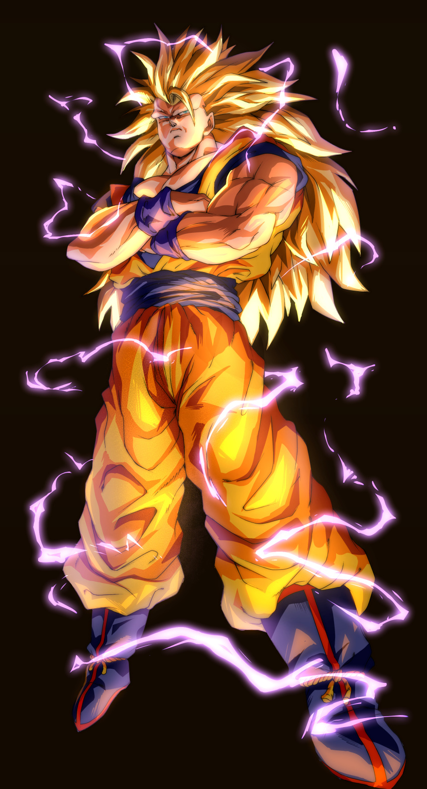 1boy absurdres baggy_pants biceps black_background blonde_hair blue_eyes blue_footwear blue_sash boots closed_mouth commentary_request crossed_arms dougi dragon_ball dragon_ball_z electricity energy full_body glaring highres kouji08250 long_hair looking_at_viewer male_focus muscular muscular_male orange_pants pants pectorals sash serious simple_background solo son_goku spiked_hair super_saiyan super_saiyan_3 wristband
