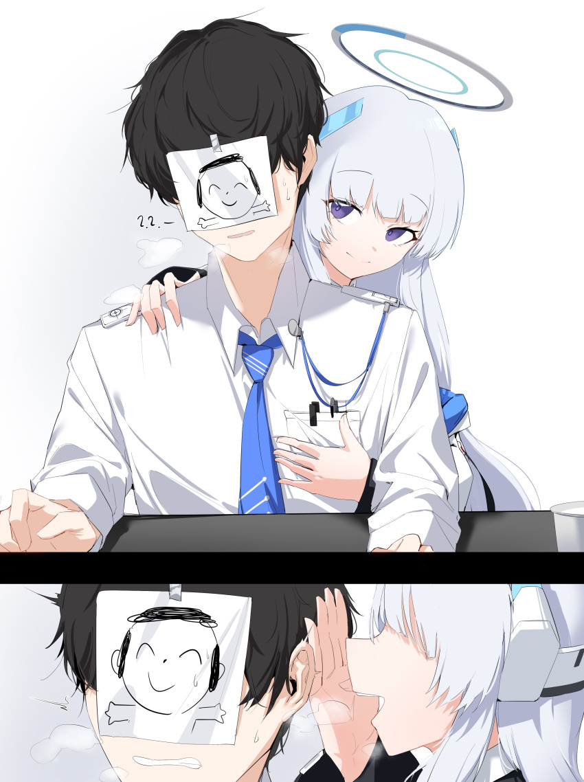 1boy 1girl ? ?? absurdres black_hair blue_archive blue_necktie breast_pocket closed_mouth collared_shirt halo hand_on_another's_shoulder highres lanyard long_hair long_sleeves necktie noa_(blue_archive) paper_on_head plentyofempty pocket purple_eyes sensei_(blue_archive) shirt short_hair simple_background smile steam upper_body whispering white_background white_hair white_shirt