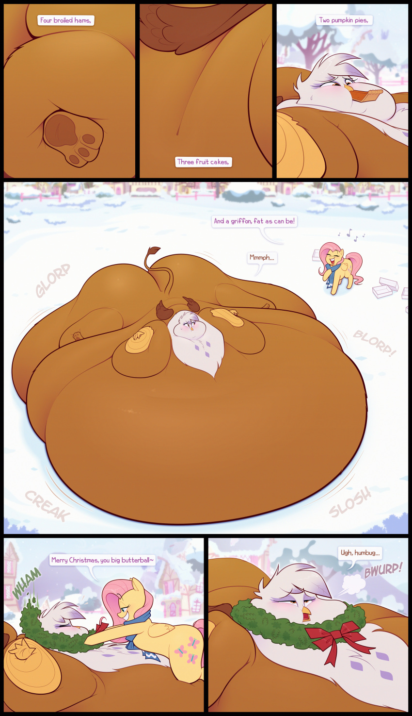 4_fingers absurd_res avian beak belly big_belly big_butt blush breath brown_body brown_feathers butt christmas chubby_cheeks comic cutie_mark dessert dialogue digital_media_(artwork) english_text equid equine feathered_wings feathers feeding female feral fingers fluttershy_(mlp) food force_feeding forced friendship_is_magic gilda_(mlp) gryphon hair half-closed_eyes hasbro hi_res holidays huge_butt hyper hyper_belly hyper_butt mammal morbidly_obese morbidly_obese_female morbidly_obese_feral musical_note my_little_pony mythological_avian mythology narrowed_eyes obese obese_female obese_feral open_mouth overweight overweight_female overweight_feral pawpads pegasus pie pink_hair pink_tail pumpkin_pie ribbons ridiculouscake scarf sequence singing tail_tuft text tuft weight_gain white_body white_feathers wings wreath yellow_beak yellow_body yellow_feathers