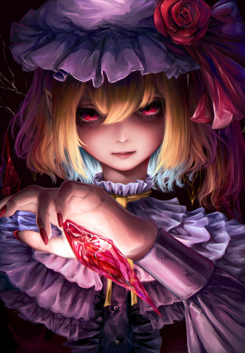 1girl ascot bangs blonde_hair center_frills closed_mouth crystal dark_background embellished_costume expressionless flandre_scarlet flower frilled_shirt_collar frills glowing hair_between_eyes hand_up hat hat_flower highres lips long_sleeves looking_at_viewer mizuhichi mob_cap nail_polish neck_ribbon pointy_ears portrait red_eyes red_flower red_nails red_rose ribbon rose simple_background solo touhou upper_body white_headwear wings yellow_ribbon