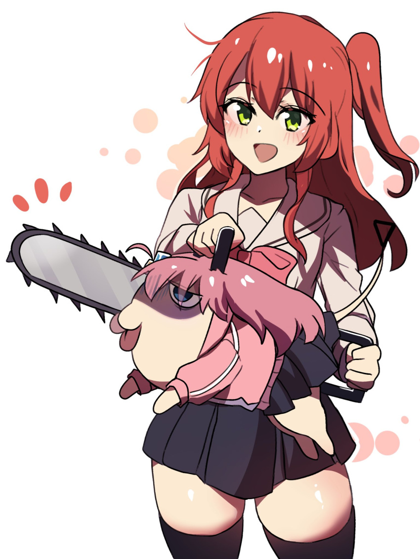 2girls bangs black_skirt black_thighhighs bocchi_the_rock! chainsaw chainsaw_man emphasis_lines gotou_hitori green_eyes hair_between_eyes highres hinghoi holding holding_chainsaw holding_weapon hybrid jacket kita_ikuyo long_hair looking_at_viewer medium_hair multiple_girls one_side_up open_mouth pink_hair pink_track_suit pochita_(chainsaw_man) red_hair school_uniform serafuku shaded_face simple_background skirt smile thick_thighs thighhighs thighs tongue tongue_out track_jacket weapon white_background white_serafuku