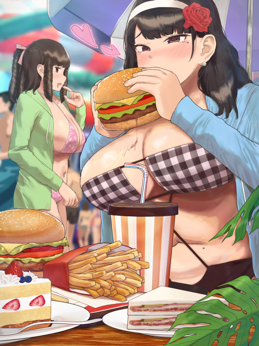 bikini blush breasts brown_hair burger cake cup curvy disposable_cup drinking_straw drooling earrings eating fat flower food french_fries hair_flower hair_ornament highres hood hoodie jewelry large_breasts long_hair multiple_girls navel original outdoors parasol plump ryokucha_michi swimsuit umbrella