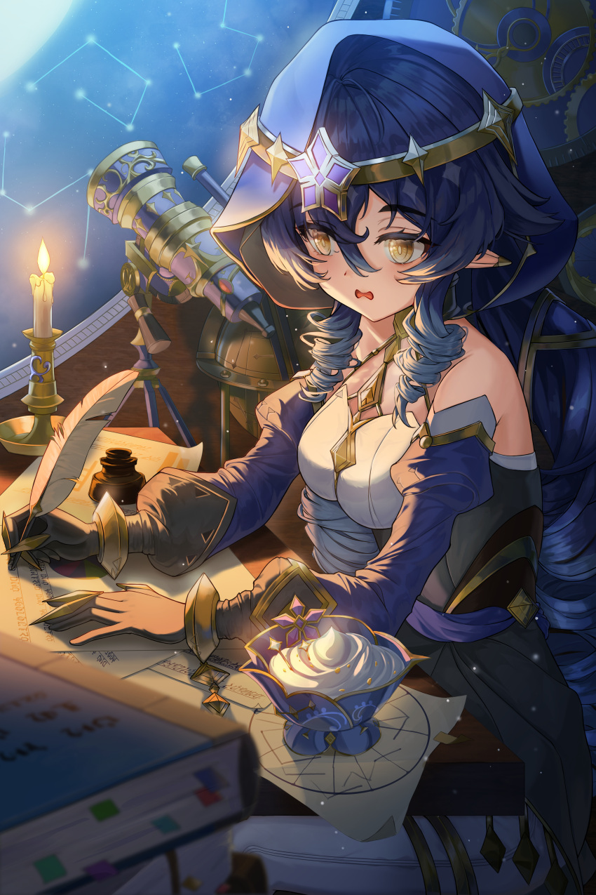 1girl absurdres bangs blue_hair blue_headwear blue_sleeves blush candlelight circlet cup curly_hair detached_sleeves dress genshin_impact gold_trim haires highres holding holding_quill indoors layla_(genshin_impact) letter long_hair long_sleeves moonlight night on_chair open_mouth pants quill sidelocks sitting solo telescope white_dress white_pants window writing yellow_eyes