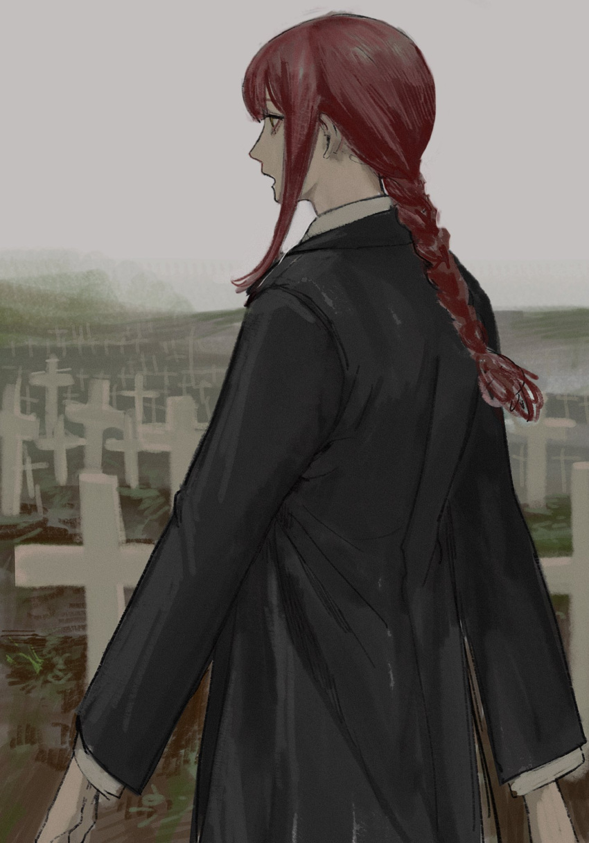 1girl black_coat braid braided_ponytail chainsaw_man coat collared_shirt fog graveyard highres kamo_(kamonegioisi) long_hair looking_to_the_side makima_(chainsaw_man) open_mouth outdoors red_hair shirt sidelocks solo standing tombstone white_shirt yellow_eyes