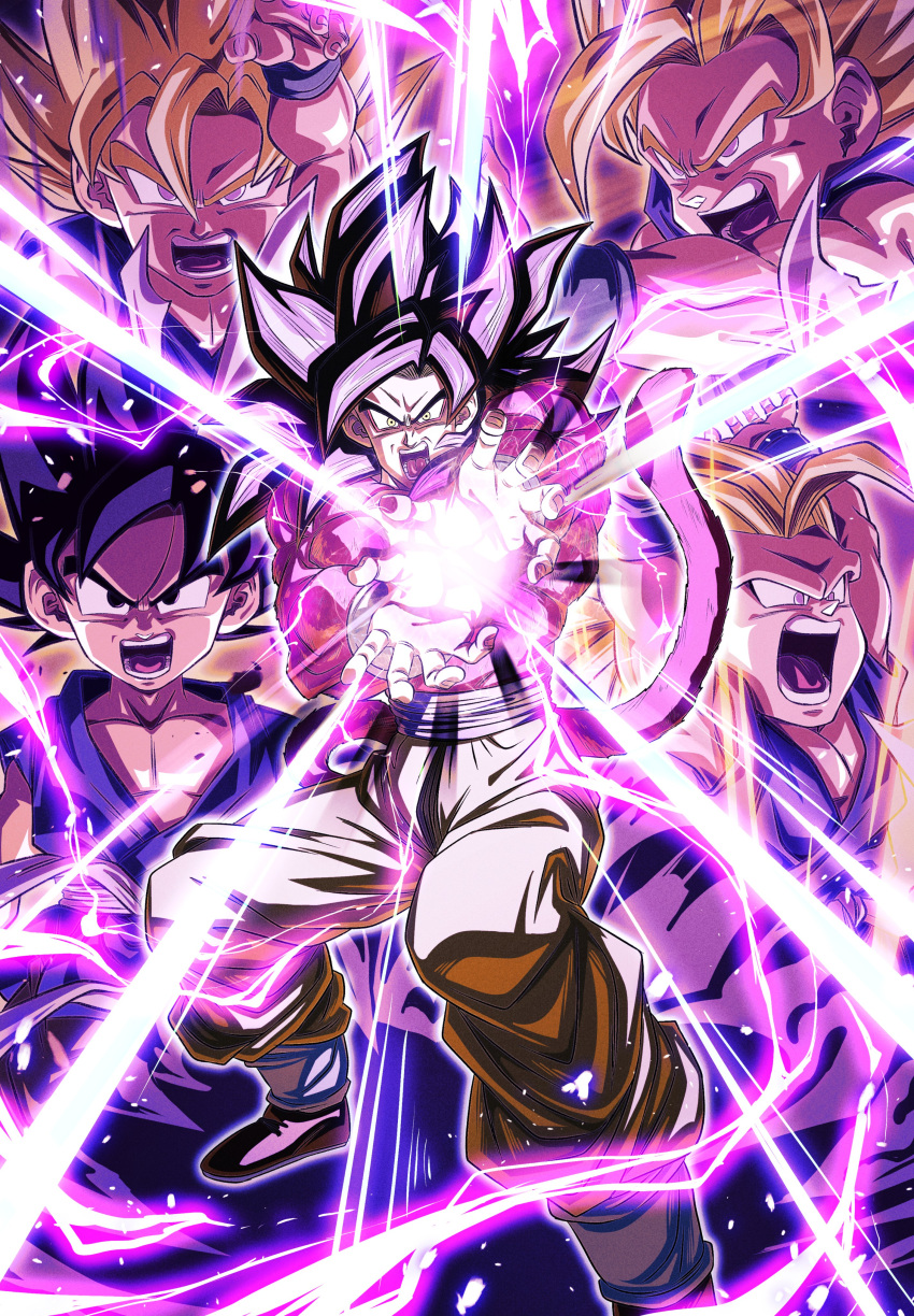 1boy absurdres aura black_eyes black_footwear black_hair blonde_hair blue_sash body_fur commentary_request dougi dragon_ball dragon_ball_(classic) dragon_ball_gt green_eyes highres kamehameha male_focus monkey_boy monkey_tail muscular muscular_male open_mouth pants red_fur sash sekitsuki_hayato serious son_goku spiked_hair standing super_saiyan super_saiyan_1 super_saiyan_2 super_saiyan_3 super_saiyan_4 tail yellow_pants