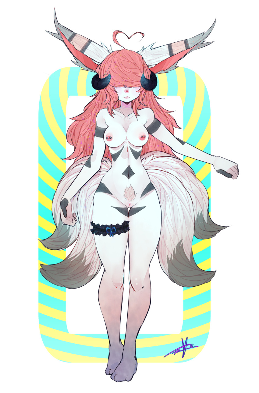 animal_humanoid anthro areola breasts canid canine female fox genitals hair hair_over_eyes hi_res horn humanoid long_hair mammal markings monster_girl_(genre) multi_tail nipple_piercing nipples nude obscured_eyes piercing pink_hair pussy signature simple_background solo standing tagme tanyan-art white_background