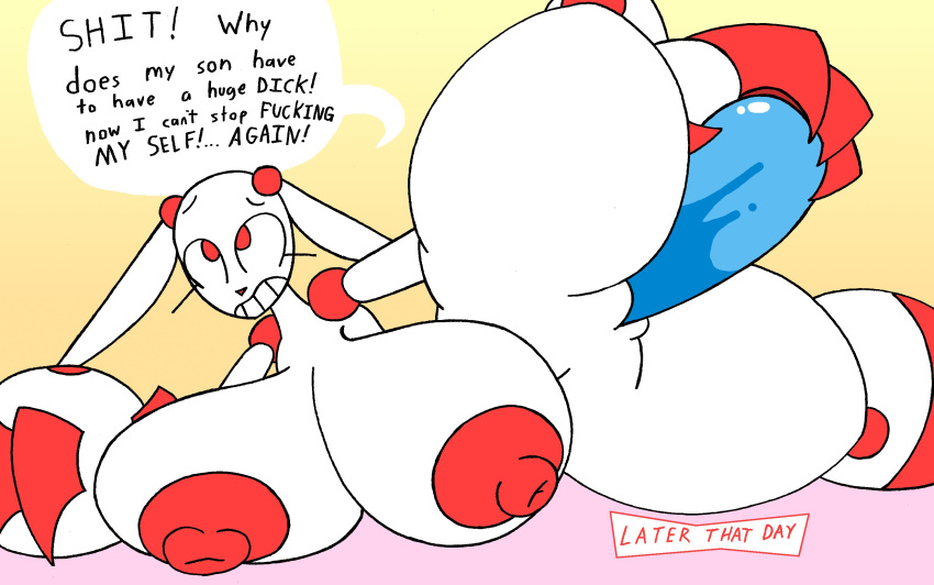 absurd_res anthro big_breasts breasts comic curvy_figure english_text erect_nipples female hi_res hybrid lagomorph leporid looking_up lying machine mammal masturbation mom_bot_(rexon02) nipples on_side penetration profanity rabbit red_eyes rexon02 robot sex_toy solo speech_bubble text thick_thighs vaginal vaginal_penetration voluptuous white_body wide_hips