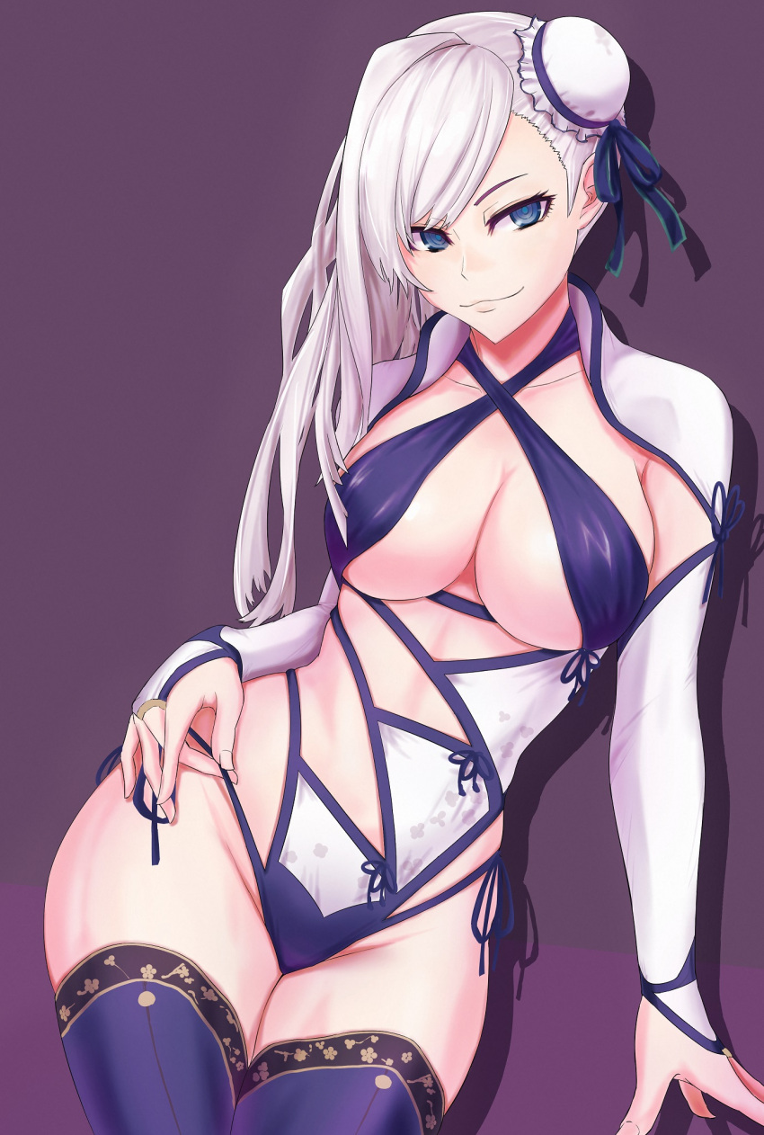 1girl bangs blue_eyes blue_one-piece_swimsuit blue_thighhighs breasts bun_cover cleavage criss-cross_halter detached_sleeves fate/grand_order fate_(series) hair_bun hair_ribbon halterneck highleg highleg_swimsuit highres kugiseiichi large_breasts long_hair looking_at_viewer miyamoto_musashi_(fate) miyamoto_musashi_(swimsuit_berserker)_(fate) miyamoto_musashi_(swimsuit_berserker)_(third_ascension)_(fate) one-piece_swimsuit pink_hair ribbon single_side_bun smile solo swept_bangs swimsuit thighhighs thighs two-tone_swimsuit white_one-piece_swimsuit