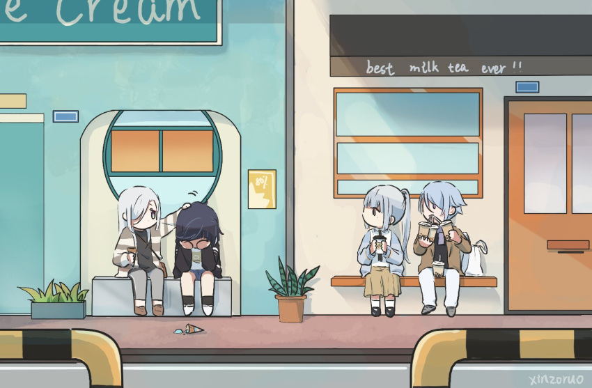 1boy 3girls black_hair black_jacket black_shirt black_socks blue_hair blue_jacket brother_and_sister brown_footwear brown_jacket brown_skirt bubble_tea chibi commentary cup disposable_cup drinking_straw genshin_impact grey_pants headpat holding holding_cup jacket kamisato_ayaka kamisato_ayato long_hair looking_at_another multiple_girls open_clothes open_jacket pants plant ponytail potted_plant shenhe_(genshin_impact) shirt shoes siblings sitting skirt socks white_footwear white_hair white_pants xinzoruo yelan_(genshin_impact)