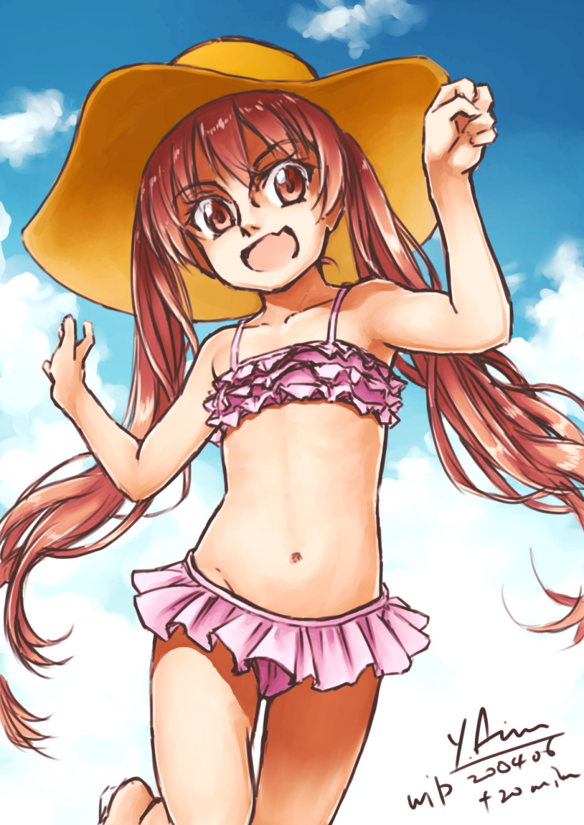 1girl arimura_yuu bikini bikini_skirt blue_sky brown_eyes brown_hair cloud commentary_request cowboy_shot dark_skin dress fang frilled_bikini frills hat highres kantai_collection libeccio_(kancolle) long_hair pink_bikini skin_fang sky smile solo swimsuit tan twintails